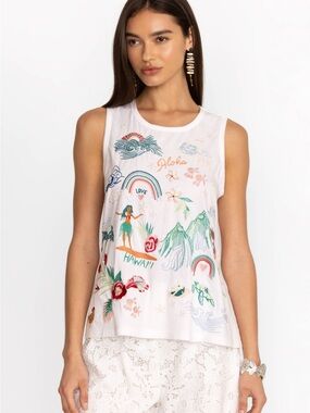Johnny Was brand white Embroidered Hawaiian Graphic Tank Top, size XS